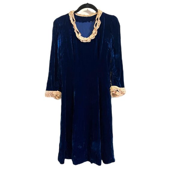 Vintage Blue Velvet Cottage Prairie Romantic Midi Dress   Women's Size Small - Picture 2 of 9